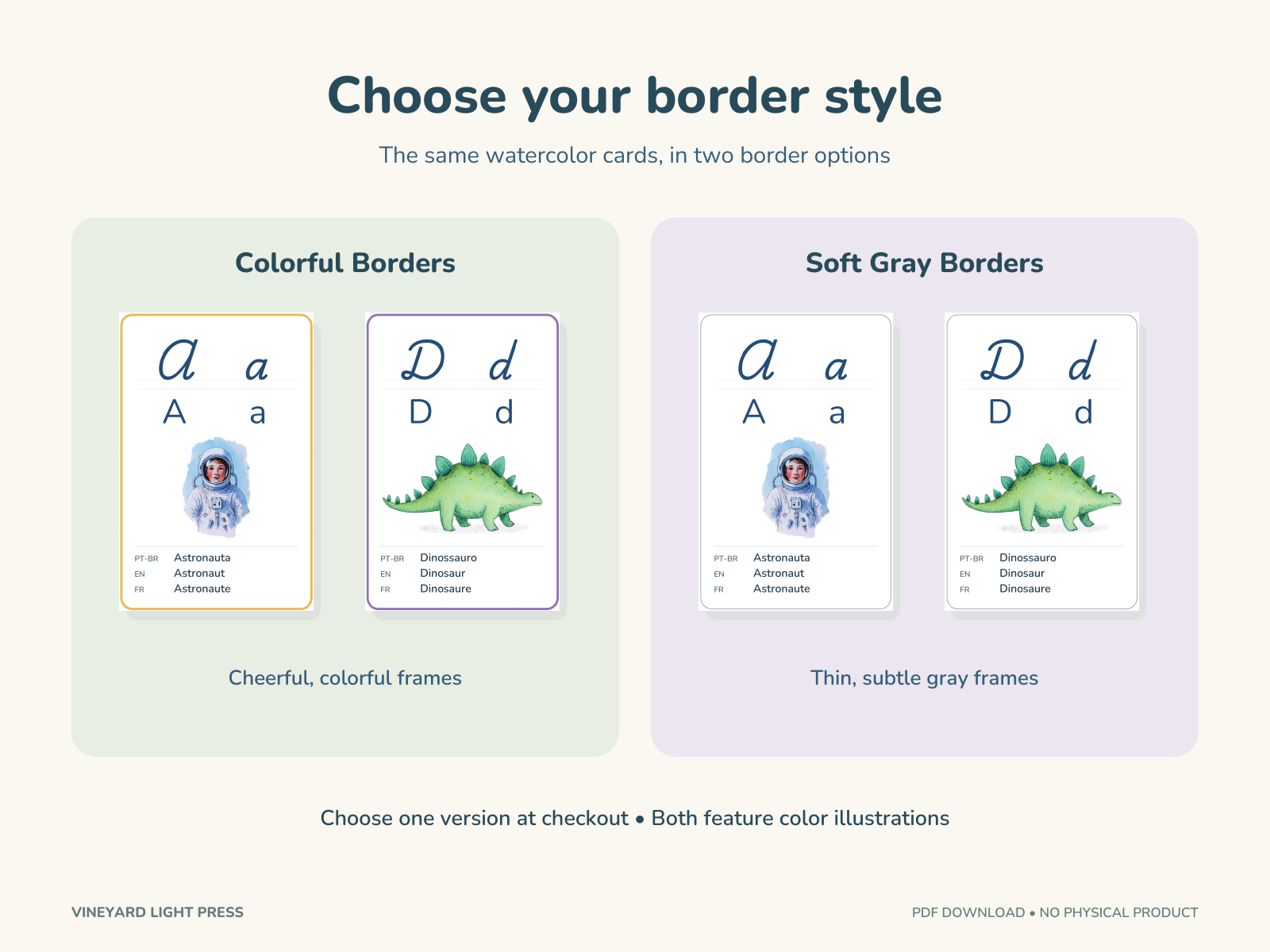 Trilingual Alphabet Flashcards A–Z | Portuguese, English & French sample