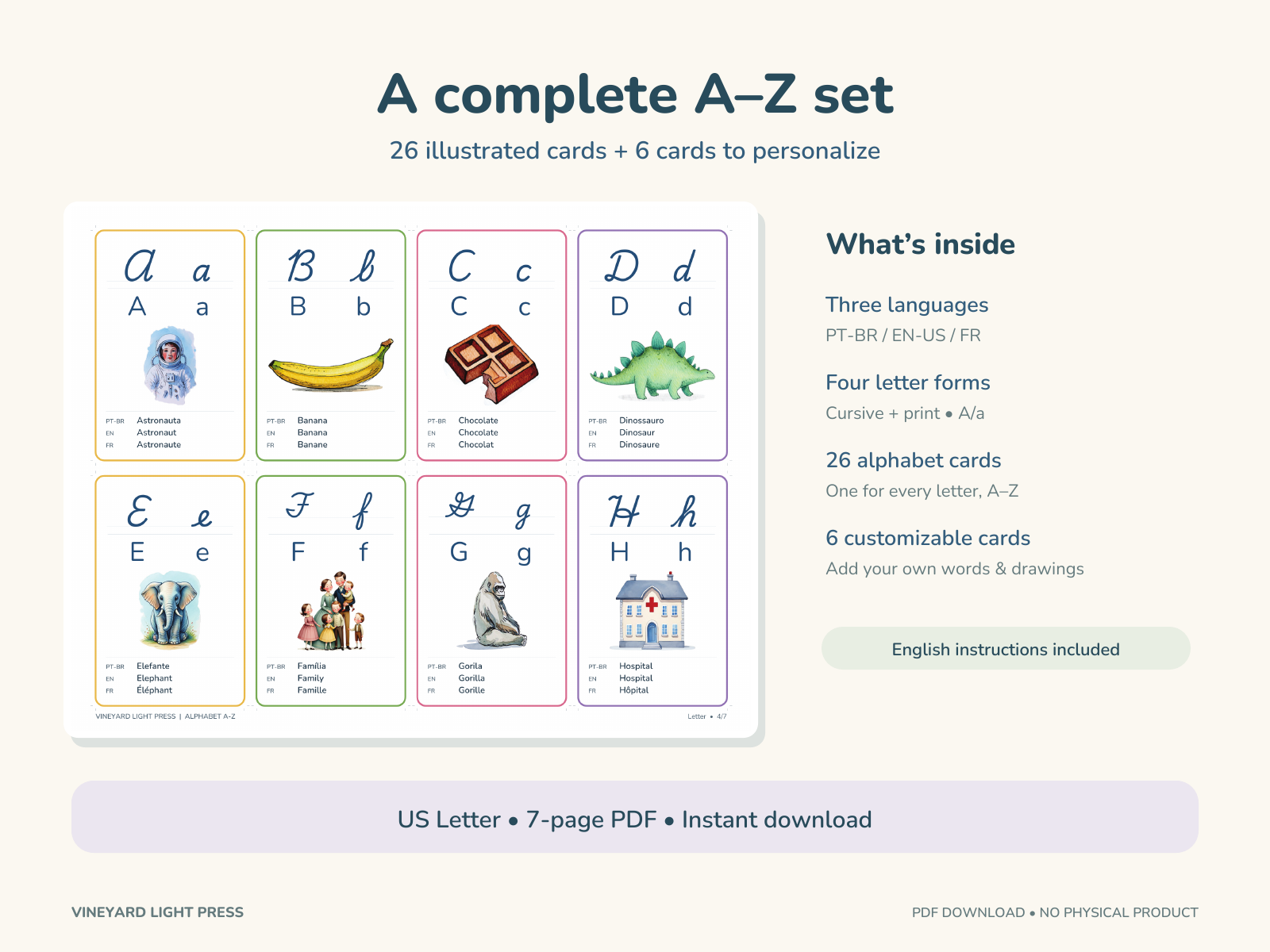 Trilingual Alphabet Flashcards A–Z | Portuguese, English & French sample