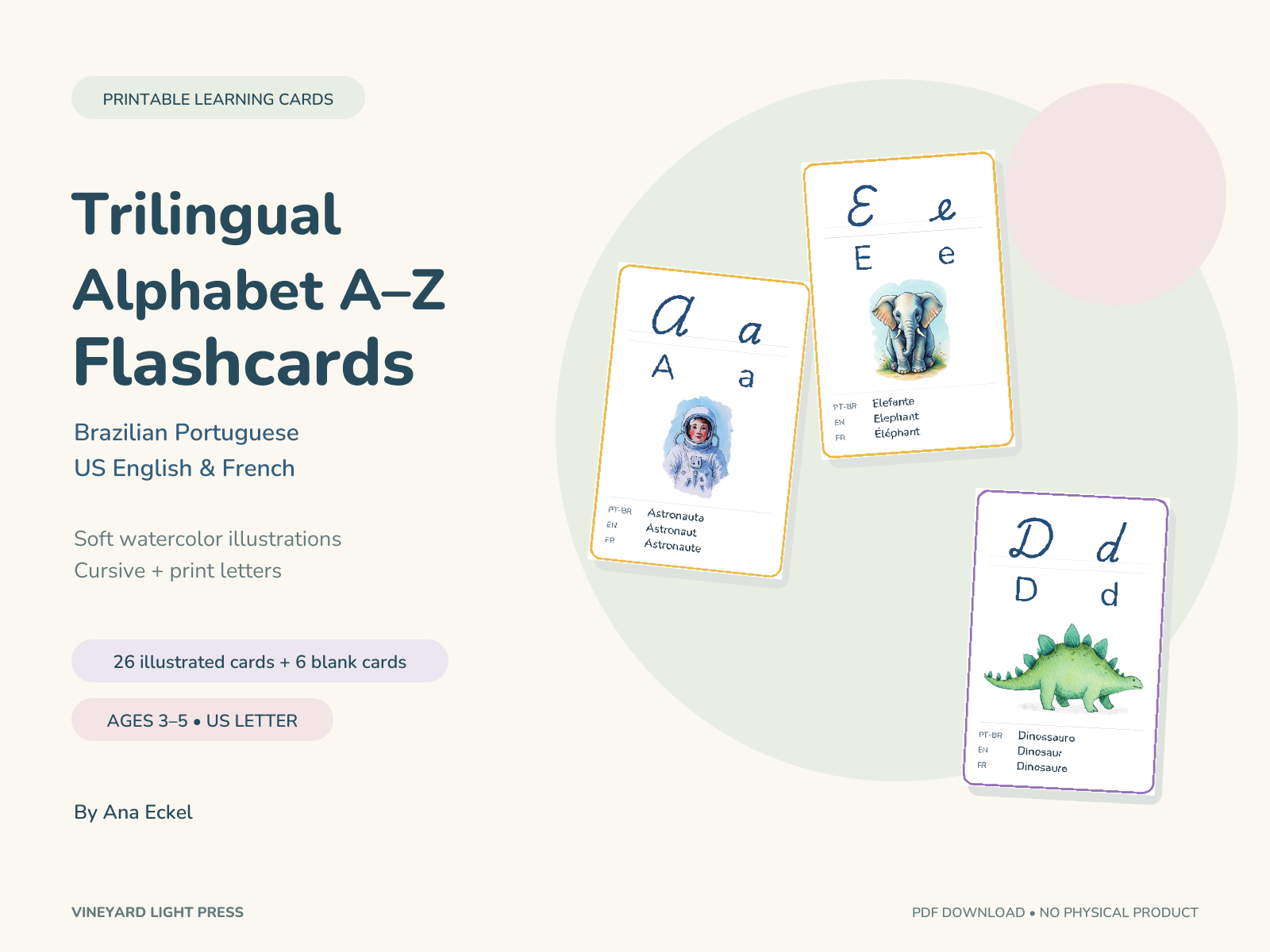 Trilingual Alphabet Flashcards A–Z | Portuguese, English & French sample