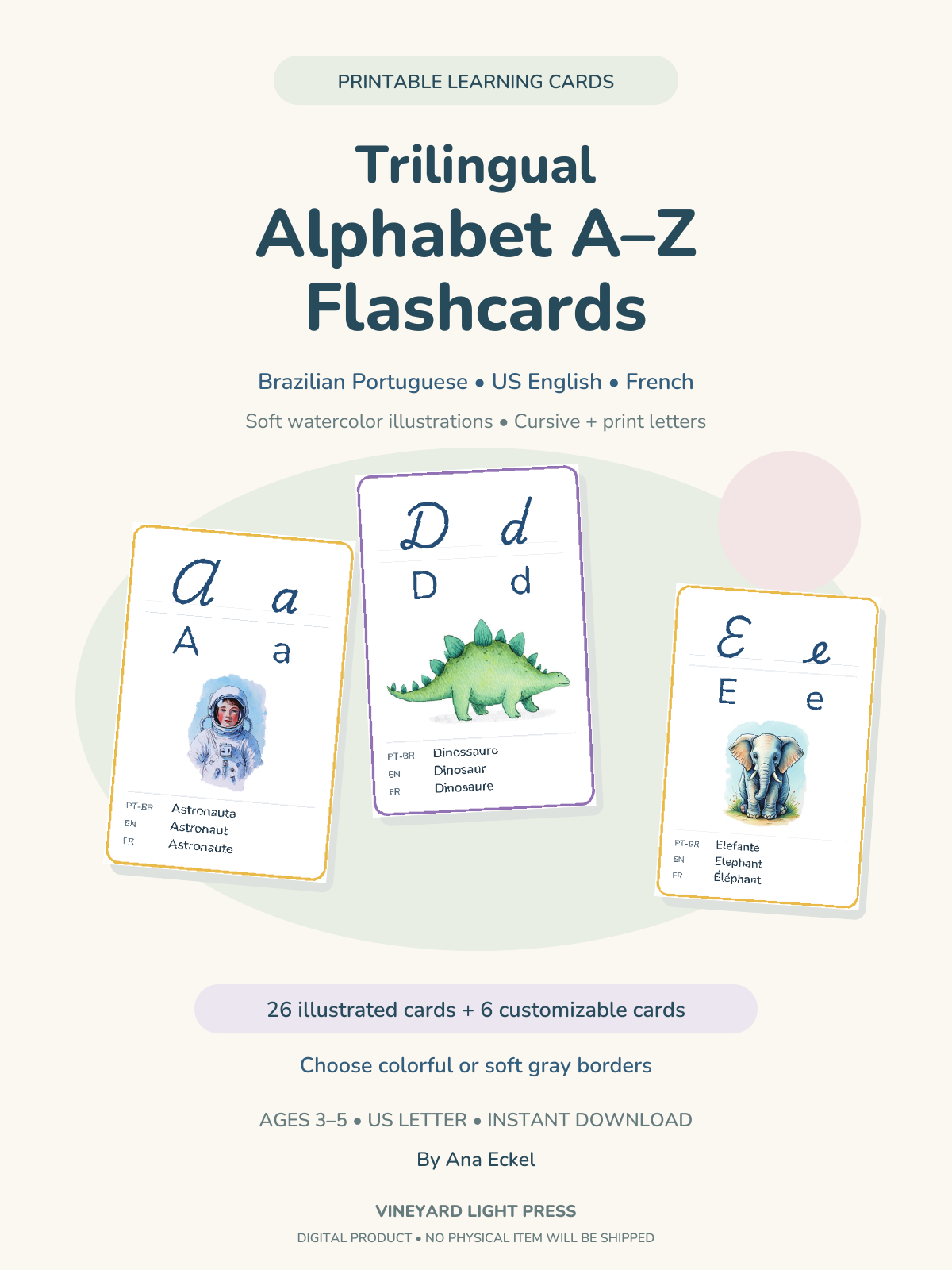 Trilingual Alphabet Flashcards A–Z | Portuguese, English & French