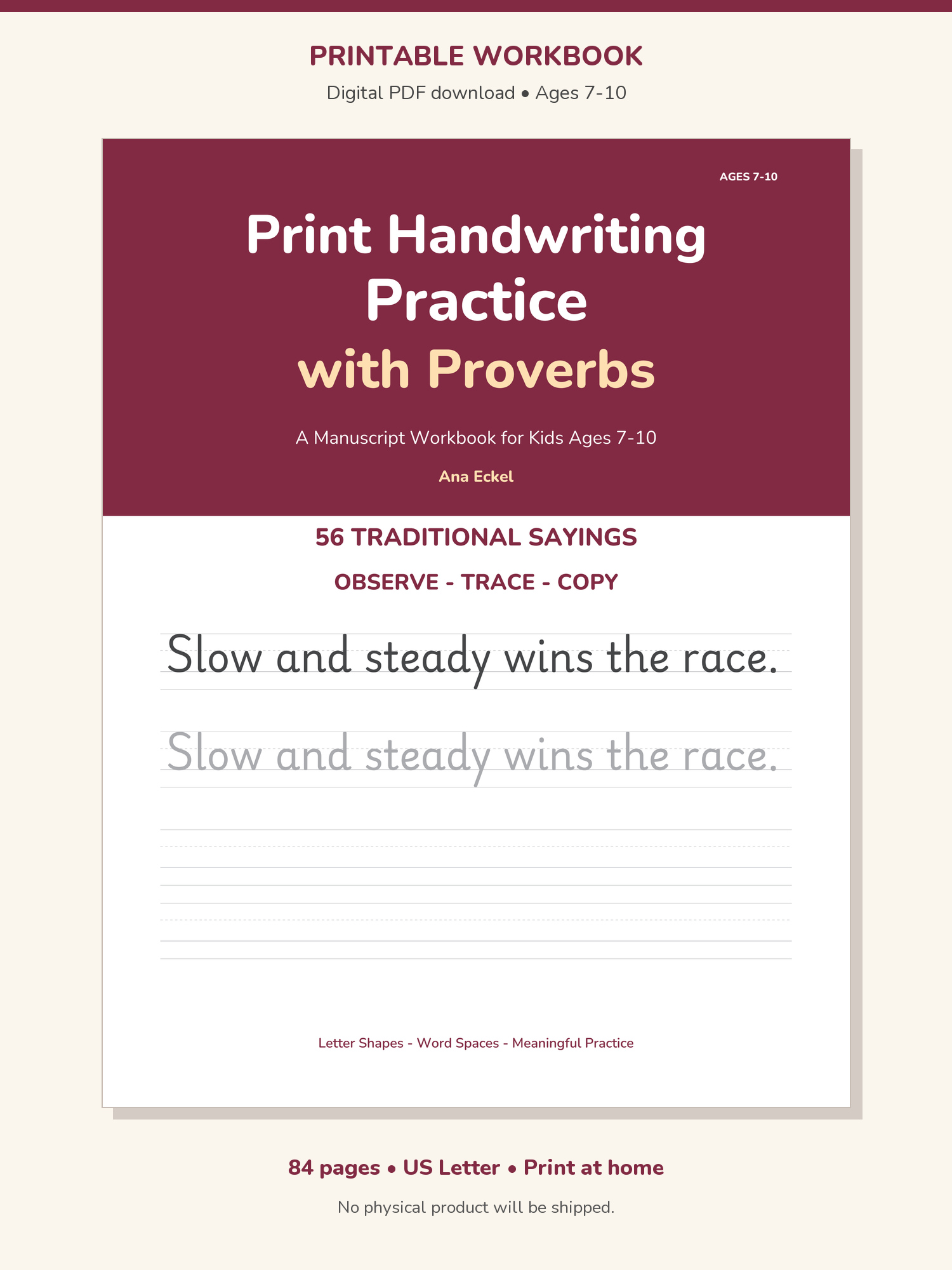 Print Handwriting Practice with Proverbs - Printable Workbook for Kids Ages 7–10