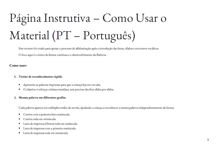 Treino de Leitura em Português Brasileiro – Grupos Silábicos e Encontros Vocálicos (Carta) amostra