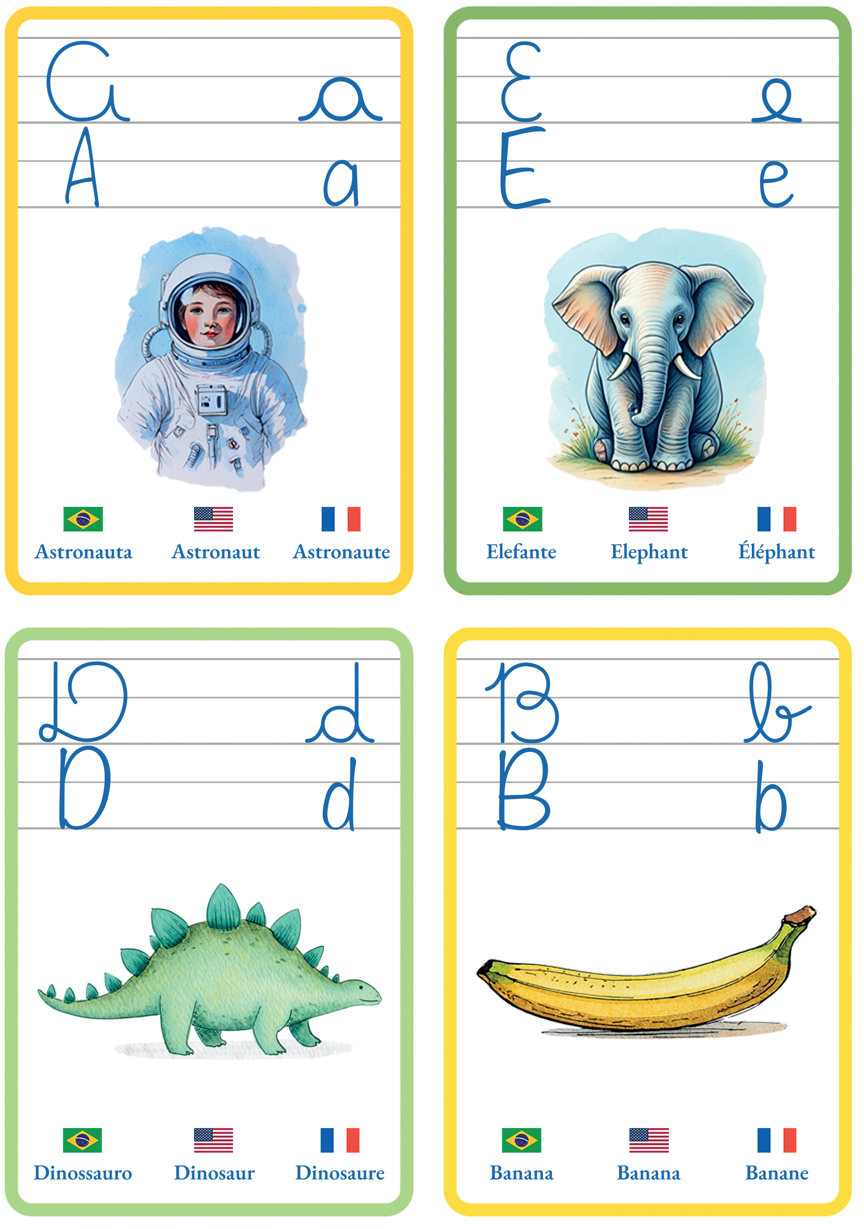 Flashcards Trilíngues A–Z (Carta) amostra