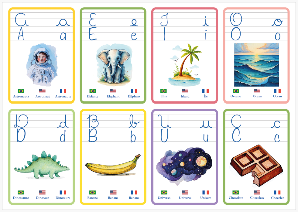 Flashcards Trilíngues A–Z (Carta) amostra